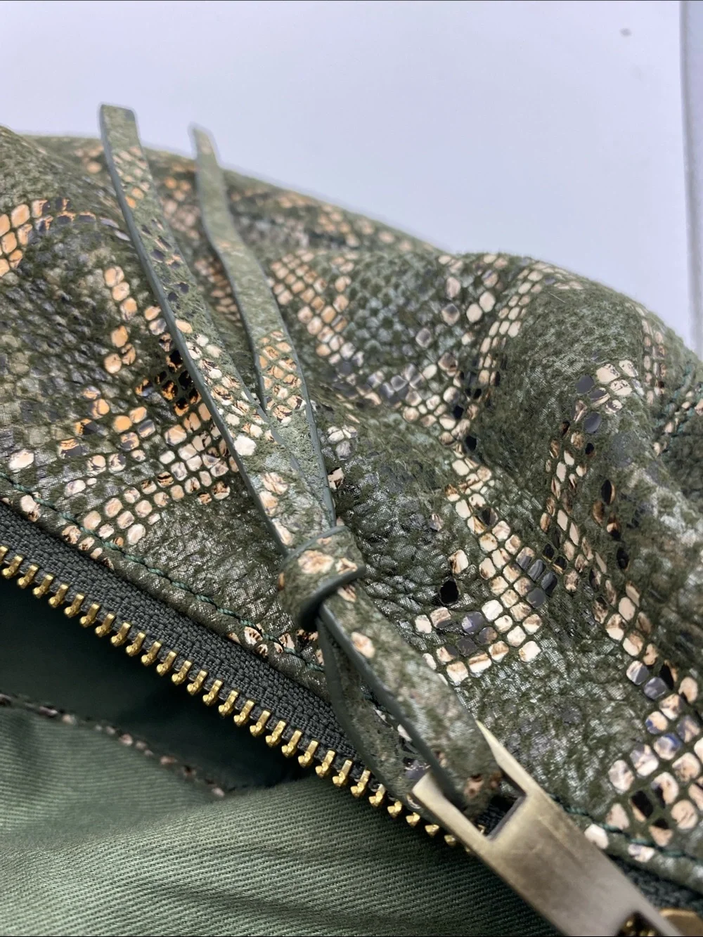 Anthropologie Green Metallic Snake-Print Hobo with Striped Strap